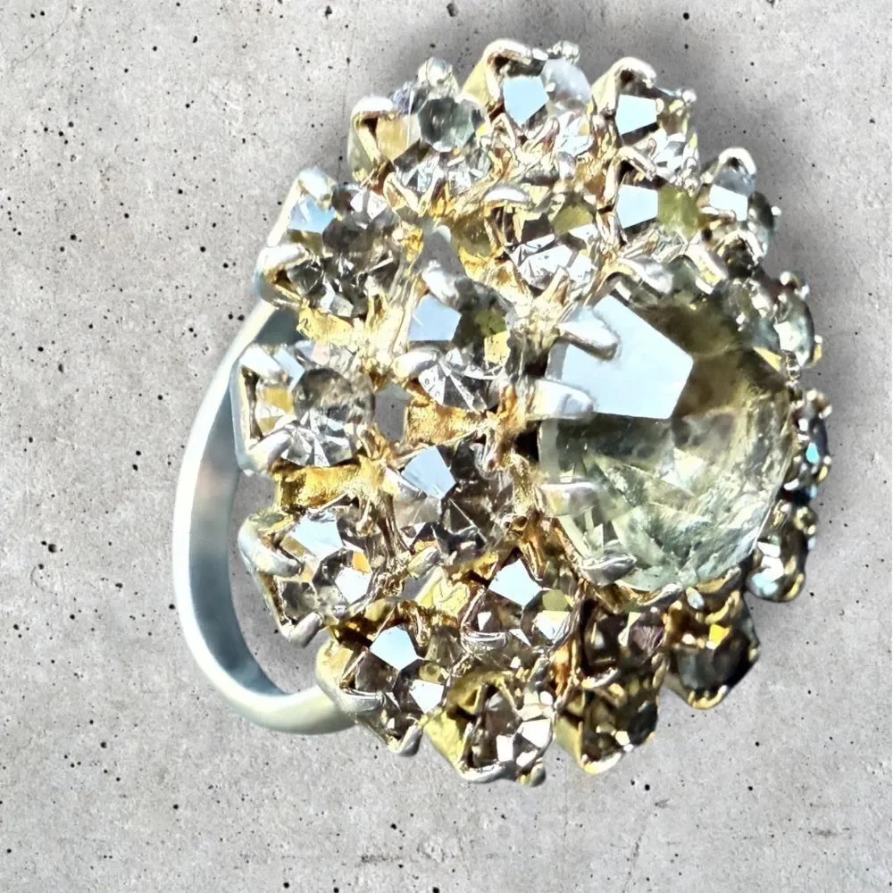 VINTAGE ADJUSTABLE SILVER RING WITH LARGE ROUND CRYSTAL CLUSTER – STATEMENT JEW